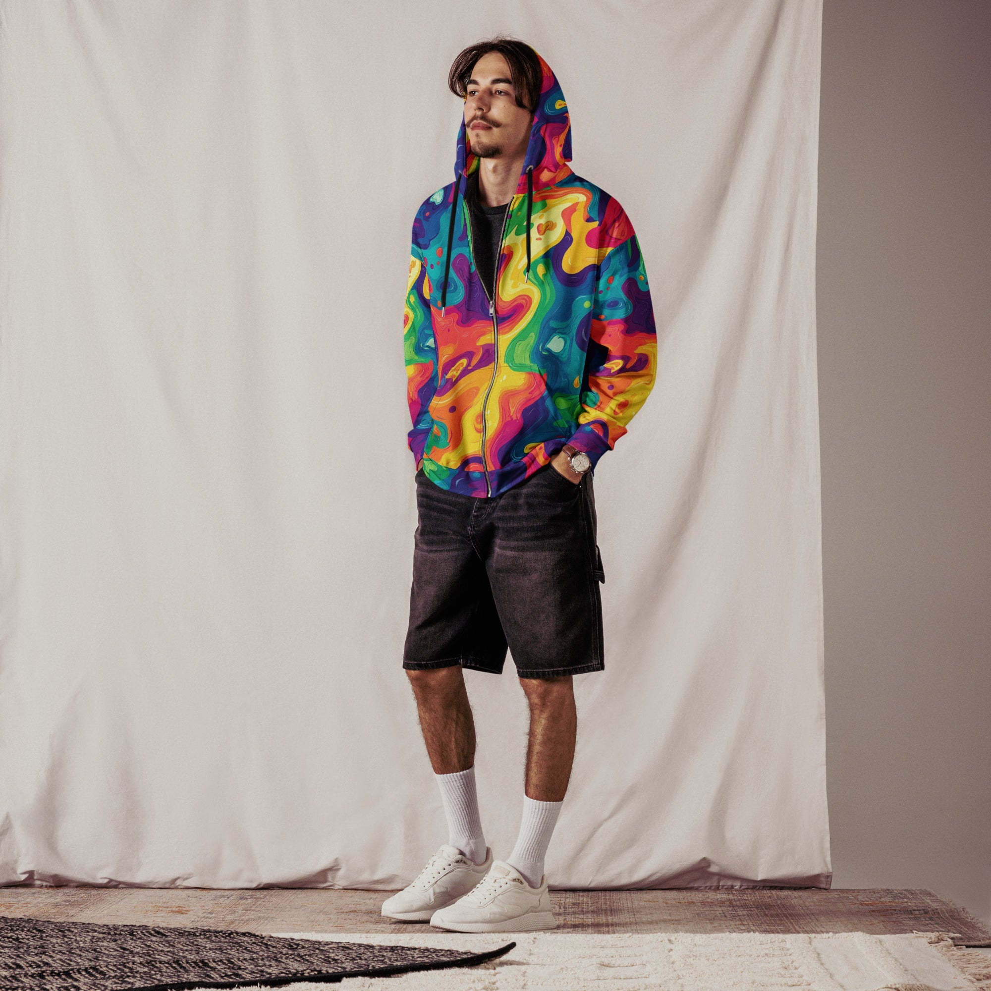 Rainbow Melt Zip Up Hoodie For EDM Rave Festival Outfit Clothing